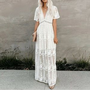 Vici White Lace Boho Maxi Dress, S